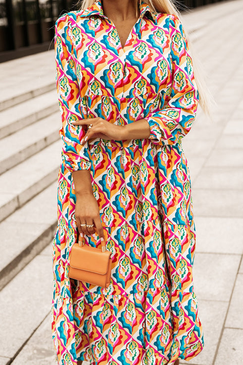 Multi-Color Abstract Geometric Print Long Sleeve High Waist Dress